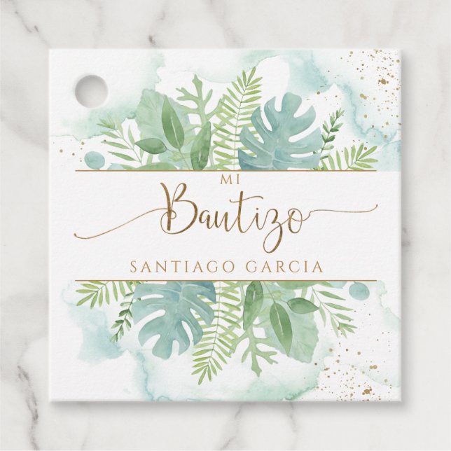 Étiquettes Cadeau Espagnol, Bautizo Verdure & Aquarelle bleue (Devant)