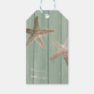 Étiquettes-cadeau Étoile de mer dorée & Bois Élégant Favori de plage