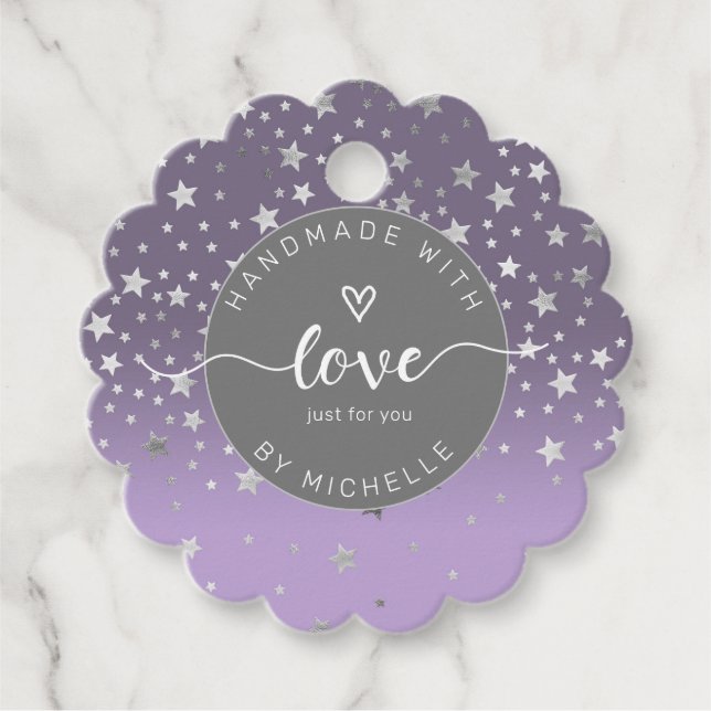 Étiquettes Cadeau étoiles d'argent fait à la main avec monogramme d' (Devant)