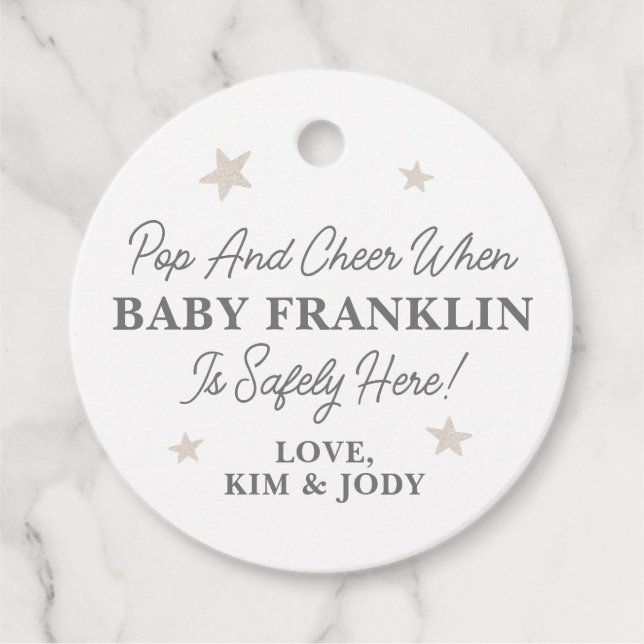 Étiquettes Cadeau Etoiles d'argent neutres du genre Baby shower Cham (Devant)