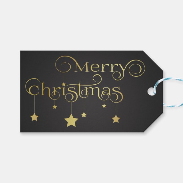 Étiquettes-cadeau Etoiles de Noël Joyeux Or Précieux (Devant (Horizontal))