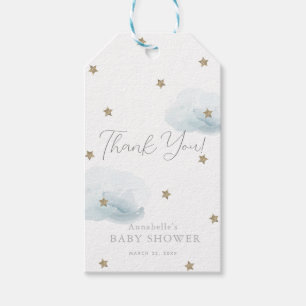 Étiquettes-cadeau Etoiles d'or et nuages bleus Baby shower Merci