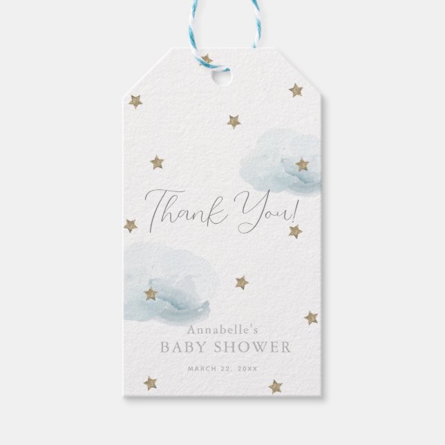 Étiquettes-cadeau Etoiles d'or et nuages bleus Baby shower Merci (Devant)