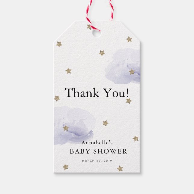 Étiquettes-cadeau Etoiles d'or et nuages de lavande Baby shower Merc (Devant)