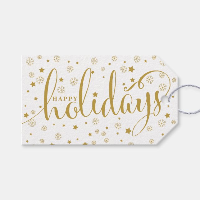 Étiquettes-cadeau Étoiles & Snowflakes Happy Holidays Balise cadeau (Devant (Horizontal))