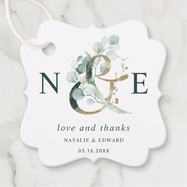 Étiquettes Cadeau Eucalyptus Ampersand Gold Green Mariage Merci (Devant)