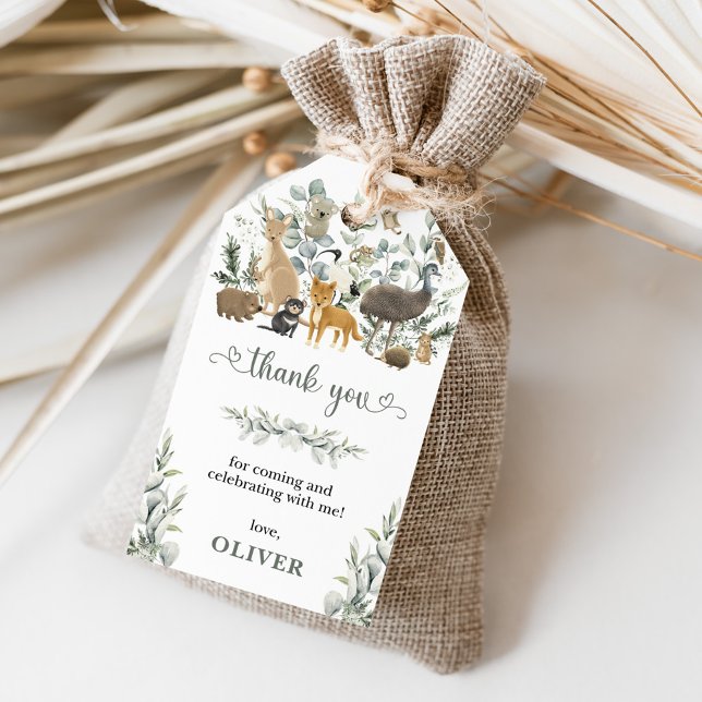 Étiquettes-cadeau Eucalyptus Animaux australiens Anniversaire Merci (Créateur téléchargé)