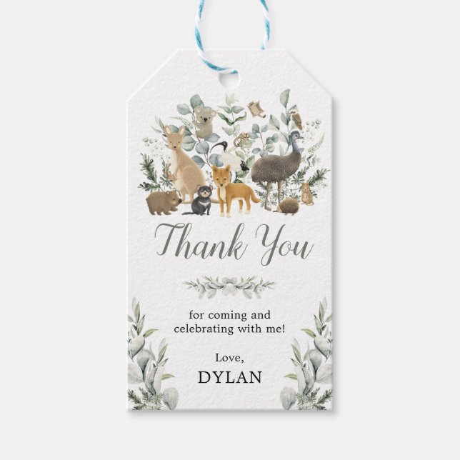 Étiquettes-cadeau Eucalyptus Animaux australiens Anniversaire Merci (Devant)