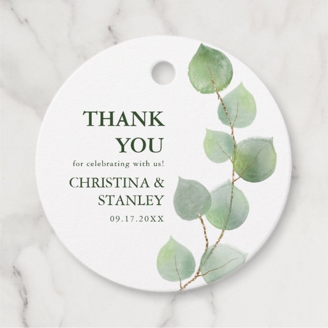 Étiquettes Cadeau Eucalyptus Chic Verdure & Merci Or (Devant)