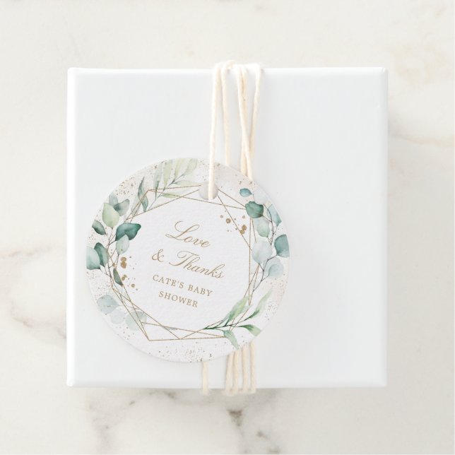 Étiquettes Cadeau Eucalyptus Gold Géométrique Baby shower élégant (En situation)