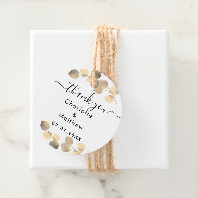 Étiquettes Cadeau Eucalyptus golden merci mariage (En situation)