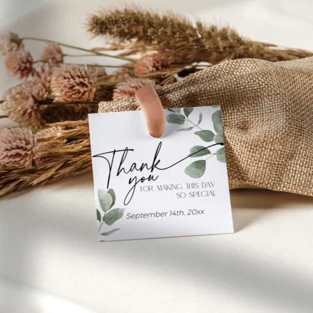 Étiquettes Cadeau Eucalyptus Green Merci cadeau nuptiale (Greenery squared Thank You tags with sage green Eucalyptus leaves)