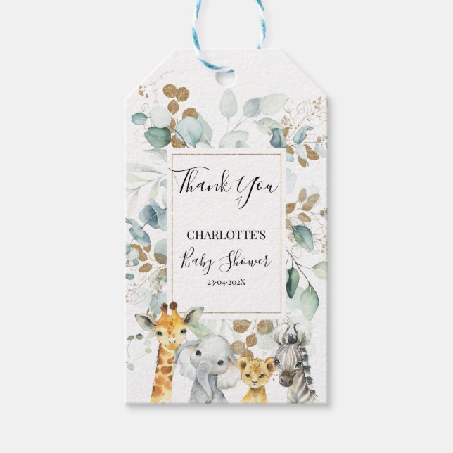 Étiquettes-cadeau Eucalyptus Gris Gold Safari Baby shower Favoriser  (Devant)