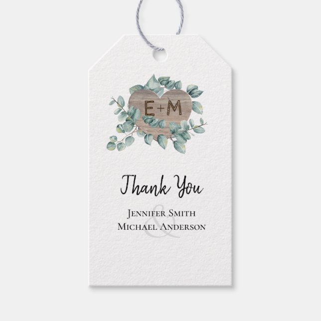 Étiquettes-cadeau Eucalyptus Mariage - Aquarelle Verdure Monogramme (Devant)