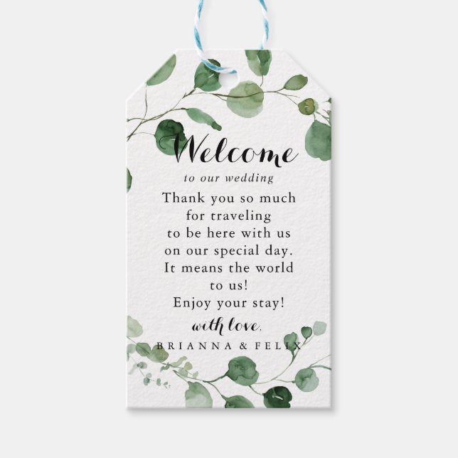 Étiquettes-cadeau Eucalyptus Moderne Calligraphie Mariage Bienvenue  (Devant)