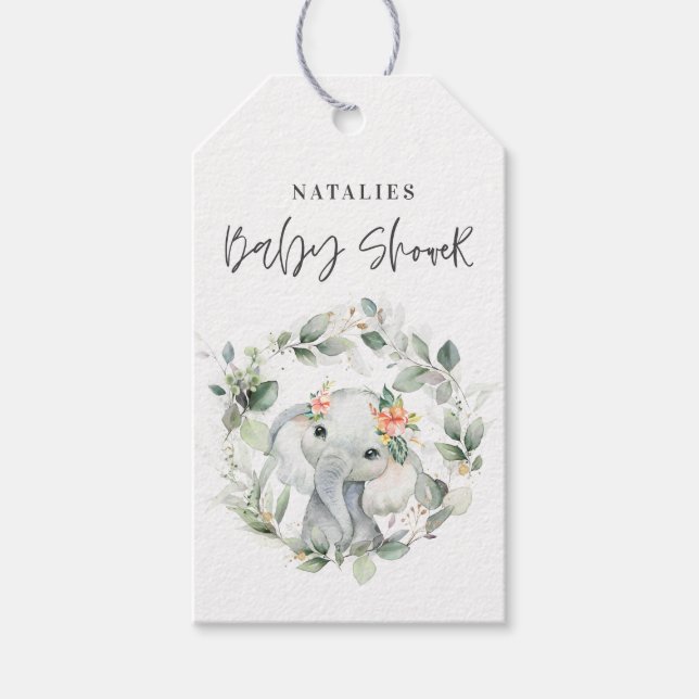 Étiquettes-cadeau eucalyptus sauge vert mignon éléphant baby shower  (Devant)