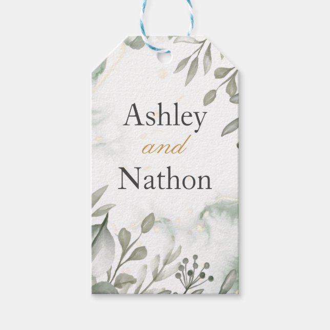 Étiquettes-cadeau Eucalyptus vert & or aquarelle Mariage (Devant)