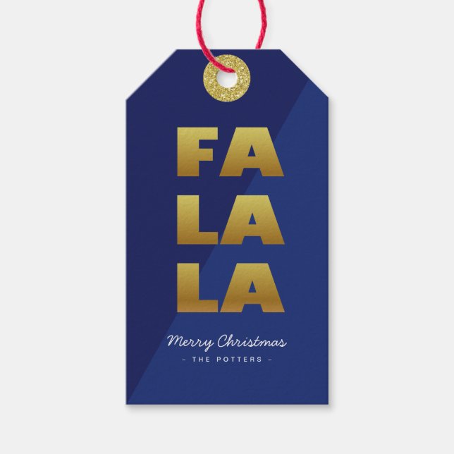 Étiquettes-cadeau Fa La La | Fun Christmas Blue & Gold (Devant)