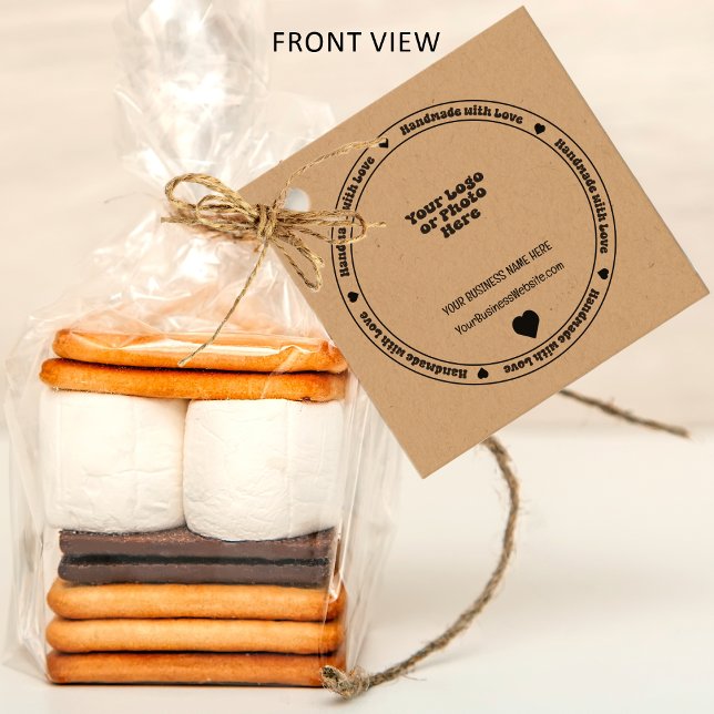 Étiquettes Cadeau Fabriqué à la main avec Love Business Insert - Mon ("Handmade with Love" Business Insert Black Heart Real Kraft Paper Favor Tags - Front View)