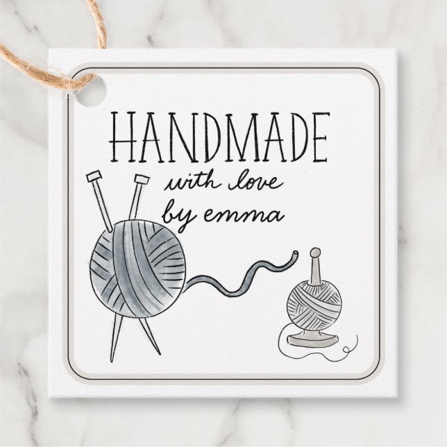 Étiquettes Cadeau Fabriqué à la main avec Tricot d'amour Merci en fi (Devant)