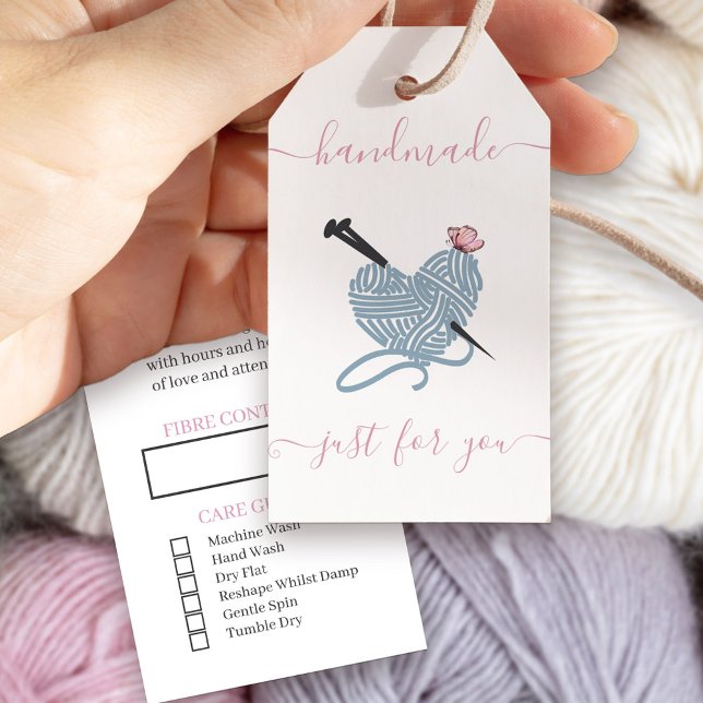 Étiquettes-cadeau Fabriqué à la main pour vous - Love Heart Yarn (Handmade just for you .. special gift tags with after care instructions on the back)