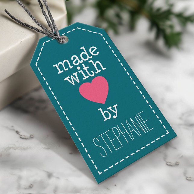 Étiquettes-cadeau Fabriqué avec amour par vous - rose chaud et bleu (Custom Gift Tag - Made with Love by Me)