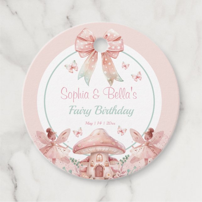 Étiquettes Cadeau Fairy Girls Mushroom House Ribbon Twins Anniversai (Devant)