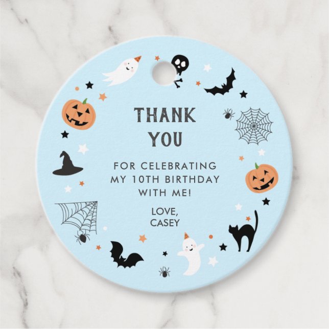 Étiquettes Cadeau Faisons un anniversaire éffrayant Halloween Bleu (Devant)