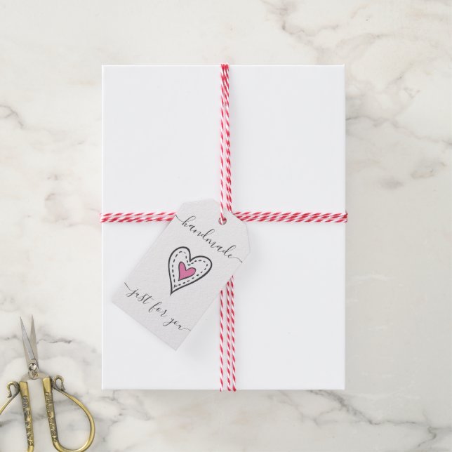 Étiquettes-cadeau Fait à la main juste pour vous - Doodt Heart White (Avec de la ficelle)