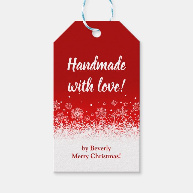Étiquettes-cadeau Fait Main Avec Amour Flocon de Neige Rouge de Noël (Devant)