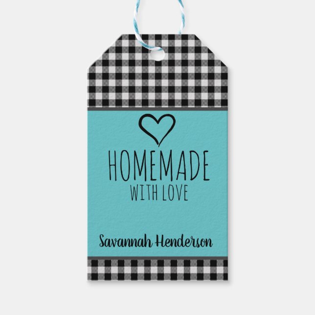 Étiquettes-cadeau Fait maison avec amour Buffalo Plaid et Turquoise (Devant)
