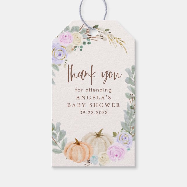Étiquettes-cadeau Fall Pastel Citrouilles et Baby shower Floral (Devant)