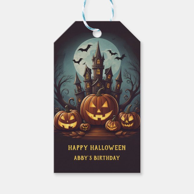 Étiquettes-cadeau Famille de maison hantée d'Halloween (Devant)