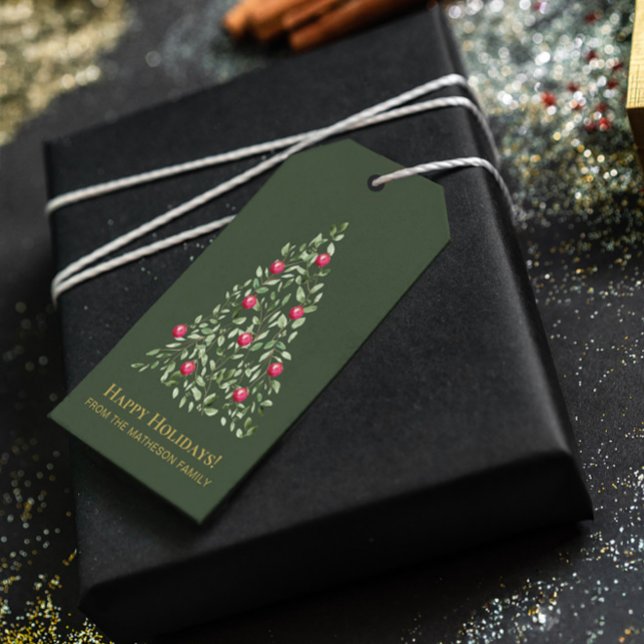 Étiquettes-cadeau Famille rouge verte du feuillage de Noël moderne (Elegant Christmas foliage tree with red ornament custom family gift tag.)