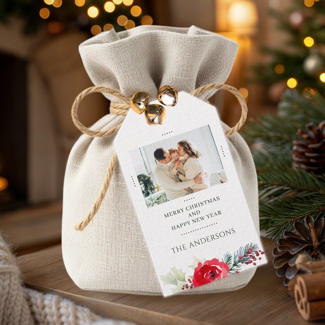 Étiquettes-cadeau Family Photo Personalized Floral Christmas (Créateur téléchargé)