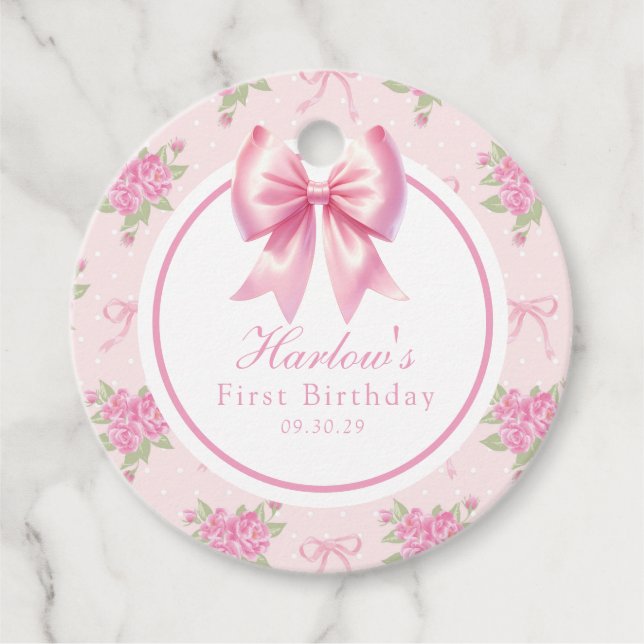 Étiquettes Cadeau Fancy One Rose Coquette Bow Premier anniversaire (Devant)