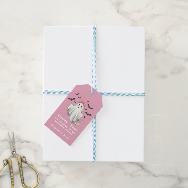 Étiquettes-cadeau Fantôme de fille rose avec chauves-souris volant (Avec de laficelle)