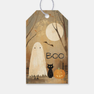 Étiquettes-cadeau Fantôme Lunatique & Chat Noir Vintage Halloween