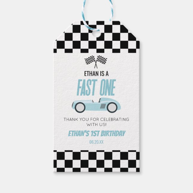 Étiquettes-cadeau Fast One Blue Race Car 1ère fête d'anniversaire (Devant)