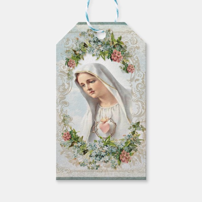 Étiquettes-cadeau Fatima Bienheureuse Vierge Marie Catholique Floral (Devant)