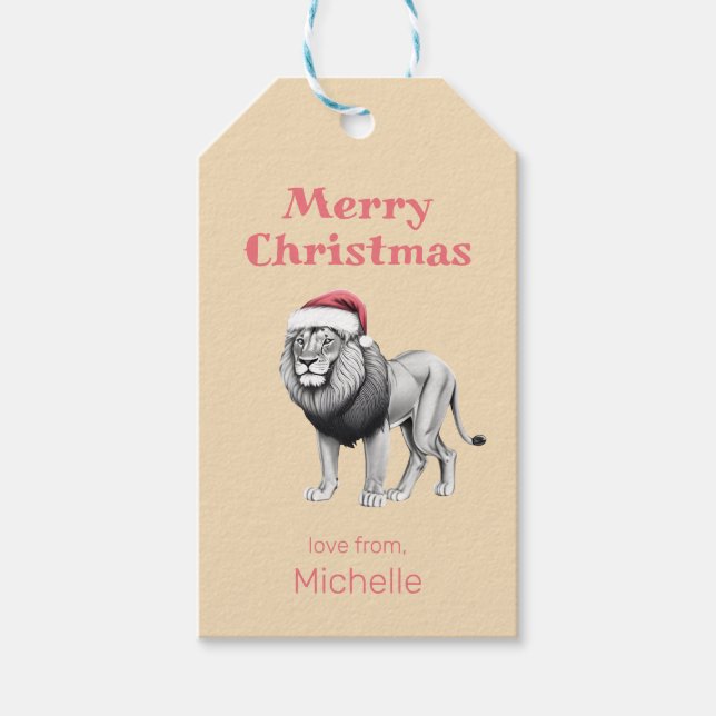 Étiquettes-cadeau Faune Safari Animal Lion Santa Hat Noël (Devant)