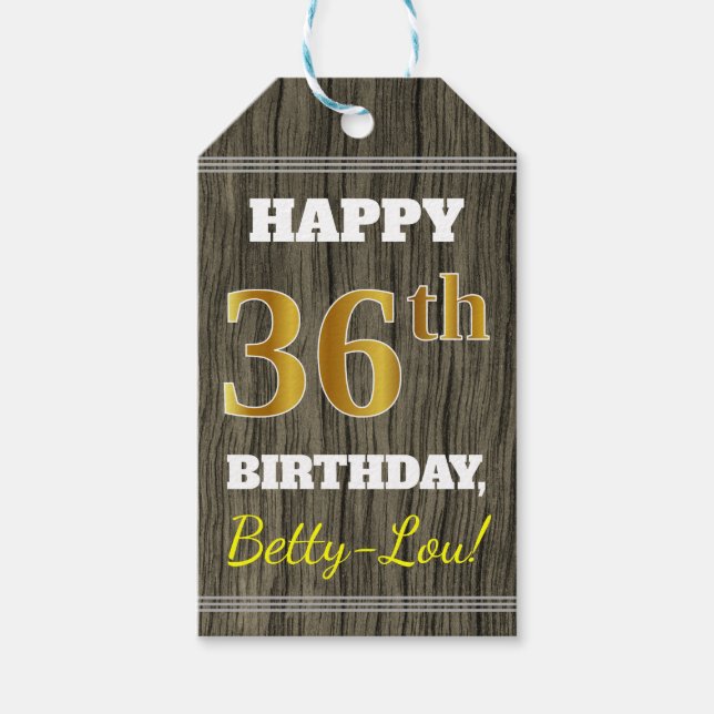 Étiquettes-cadeau Faux Wood, Faux Gold 36e anniversaire + Nom person (Devant)