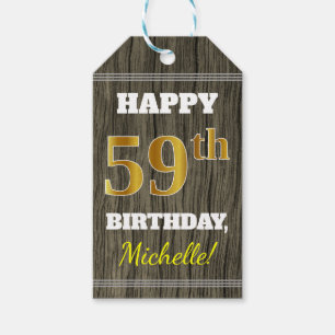 Étiquettes-cadeau Faux Wood, Faux Gold 59e anniversaire + Nom person