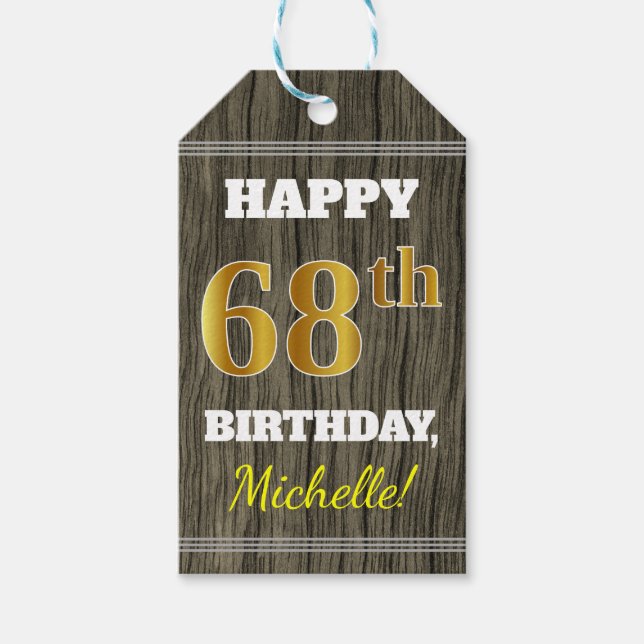 Étiquettes-cadeau Faux Wood, Faux Gold 68e anniversaire + Nom person (Devant)