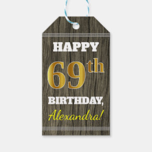 Étiquettes-cadeau Faux Wood, Faux Gold 69e anniversaire + Nom person