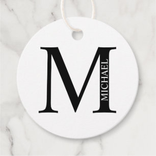 Étiquettes Cadeau Fave personnalisée monogramme et nom noir et blanc