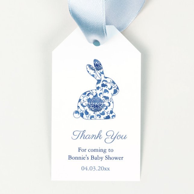 Étiquettes-cadeau Faveur de Baby Shower Lapin Bleu Et Blanc Aquarell (Watercolor blue and white chinoiserie print little boy baby shower favor tags with bunny icon)