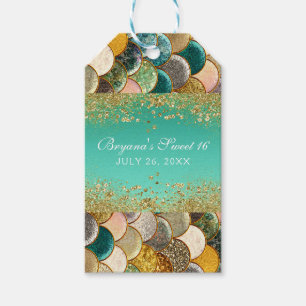 Étiquettes-cadeau Faveur de fête d'anniversaire écailles sarcelle or