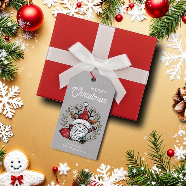 Étiquettes-cadeau Faveur de gnome de Noël fantaisiste (Whimsical Christmas gnome elf on silver favor gift tags)
