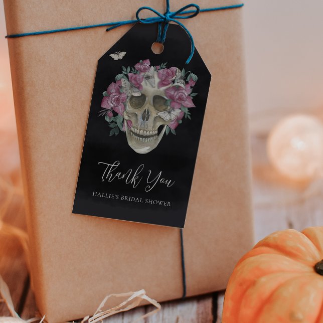 Étiquettes-cadeau Faveur de mariage floral rose crâne Halloween (Créateur téléchargé)